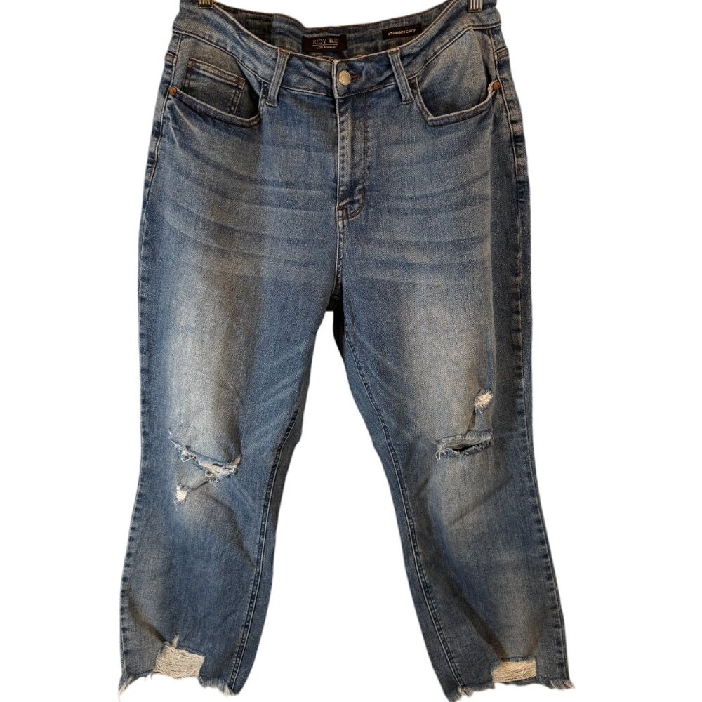 Judy Blue Womens Destroyed Raw Hem Straight Crop Jeans